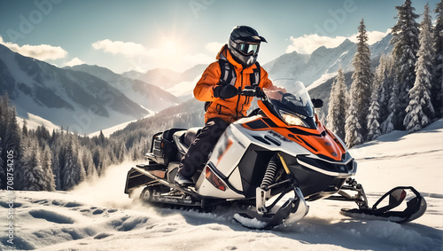 Racers ride a snowmobile in a winter suit in a beautiful magnificent snowy forest, mountains snowy