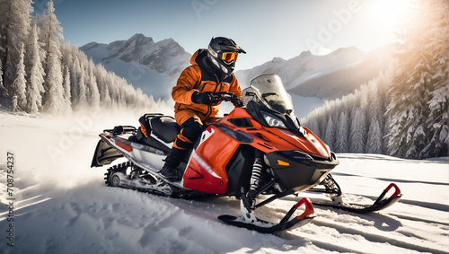 Racers ride a snowmobile in a winter suit in a beautiful magnificent snowy forest, mountains sport
