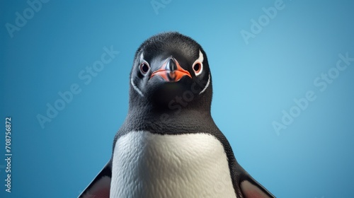  a close up of a penguin on a blue background with a black and white head and a black and white beak with a red spot on it's face.