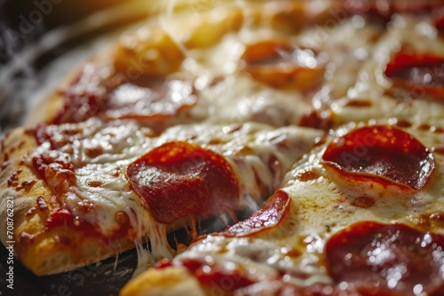 Juicy Italian pizza with pepperoni cheese and spices straight from the oven. Food Photography. Close up