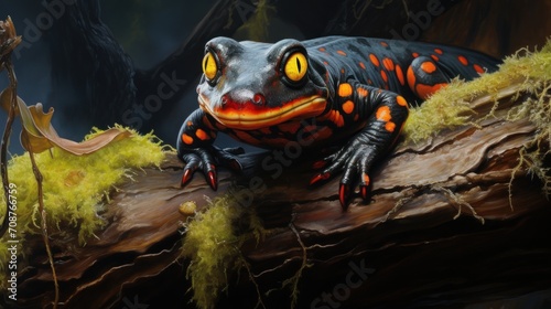  a red and black frog sitting on top of a tree branch next to a green moss covered forest filled with yellow and orange licheny ligth leaves.