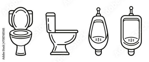 Toilet seat, male urinal bowl in public restroom, ceramic men pissoir, flushing water closet in WC lavatory line icon set. Washroom wall urine pan. Bathroom plumbing. Hygiene sanitary equipment vector