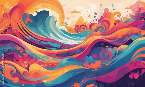 Groovy psychedelic abstract wavy decorative funky background. Hippie trendy design