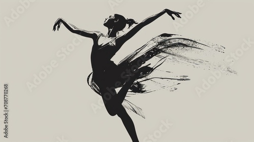  a black and white photo of a woman in a ballerina dress with her arms in the air and her leg in the air, with her right hand in the air.