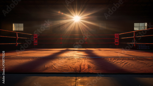 Empty boxing ring with spotlights, preparation for boxing match competition