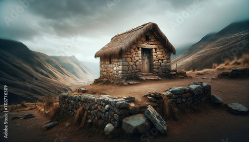 Stone house with an aged thatched roof, standing on a rugged Andean mountain slope in Peru.
