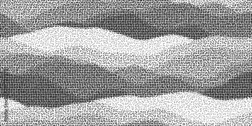 Seamless vintage halftone wavy rolling hills mountain landscape dot pattern background. Grunge black dithered printer ink dots abstract waves transparent texture overlay. Retro comic book backdrop.