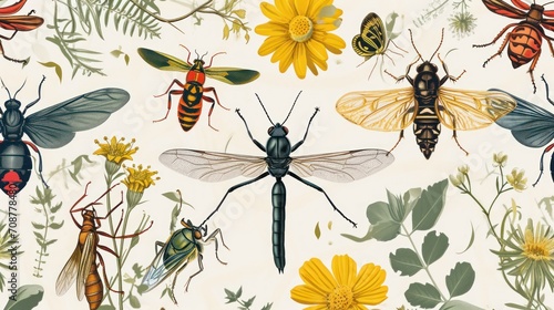  a group of bugs sitting on top of a field of flowers next to a bunch of green and red bugs on top of a white background with yellow flowers and green leaves.