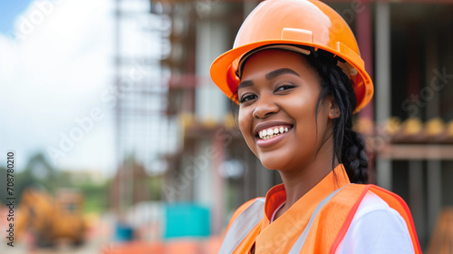 Smiling black african american female construction builder apprenticeship student, copy space