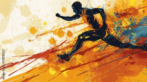  a digital painting of a man running on a yellow and orange paint splattered background with a splash of paint on the side of the running man's body.