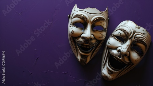 Comedy and tragedy masks on a purple background