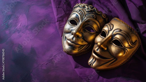 Elegant comedy and tragedy masks on a textured purple cloth