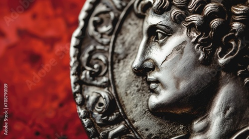 A silver Roman coin depicting Caesar's profile with a strong contrast against a red backdrop