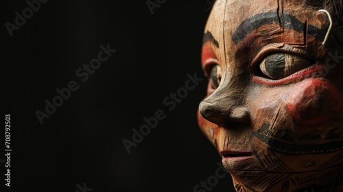 A carved, painted tribal mask with a solemn expression