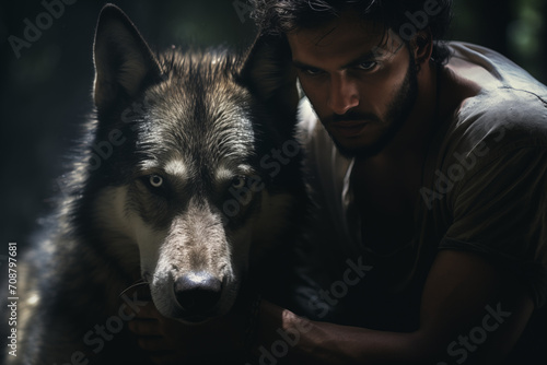Strong and powerful man with wolf fearless and majestic side by side in forest generative ai