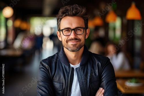 Portrait of a smiling man wearing glasses and a leather jacket