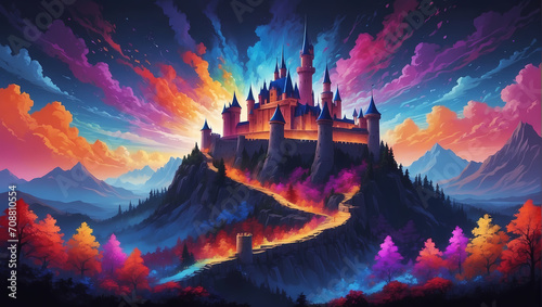 Fantasy colorful Camelot Castle . Creative illustration. Beautiful Castle in Dreamland. Fantasy castle in the mountains, green hills, blue sky, Fantasy Backdrop. Concept Art. Ai Generate 