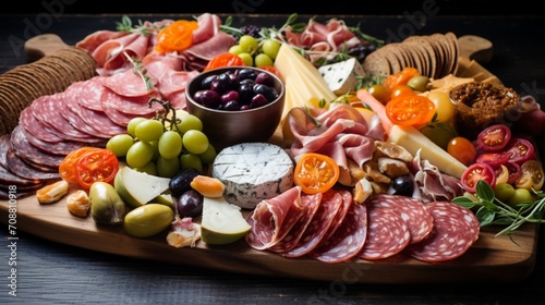 A charcuterie board filled with cured meats, cheeses, and pickled vegetables.