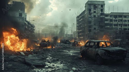 Destroyed city with burning cars and buildings, city devastated after bombing, City on fire