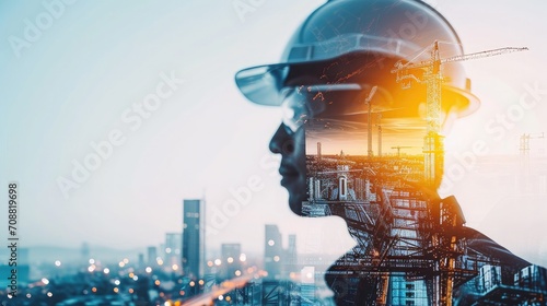 Future building construction engineering project concept with double exposure graphic design. Building engineer, architect people or construction worker working with modern civil equipment 