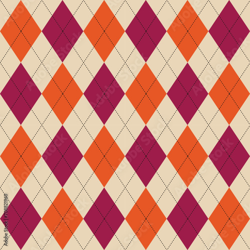 Argyle design in orange and pink repeats seamless pattern, design for sweater, decoration, jumper, classic argyll fashion textile print, fabric texture background.