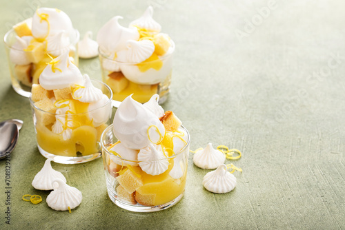 Lemon meringue parfait or trifle with pound cake and lemon curd