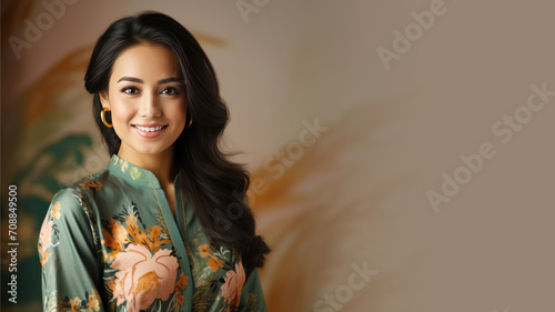 Malay woman in batik dress smiling isolated on pastel background