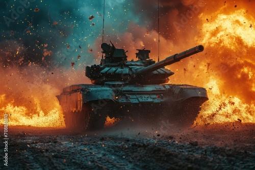 An armored tank firing during combat over a battlefield. Generative Ai.