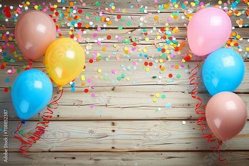 Festive Celebration with Colorful Balloons and Confetti on Wooden Background