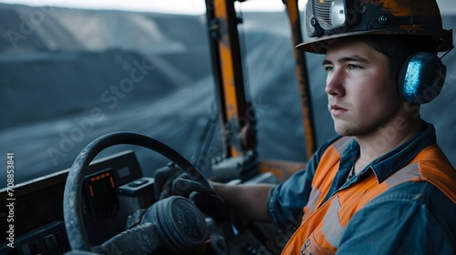 A young miner with an orange helmet and earmuffs driving heavy machinery in a mining operation.