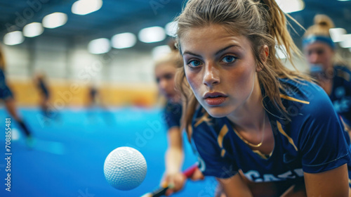 Intense female player tracking the ball in a fast-paced indoor field hockey game. A portrait of concentration and athletic skill in women's sports.
