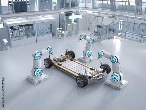 Automation automobile factory concept with robot assembly line with electric car battery cells module on platform