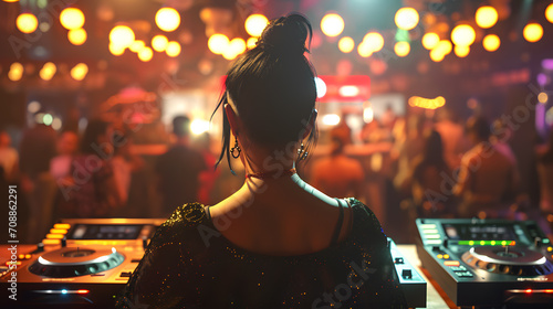 Young Asian female dj on stage in a nightclub, black hair tied in a low ponytail, listeners dancing in the background, spotlights,wide angle view from behind.