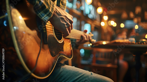 Male musician playing guitar in restaurant, closeup of hand playing guitar.