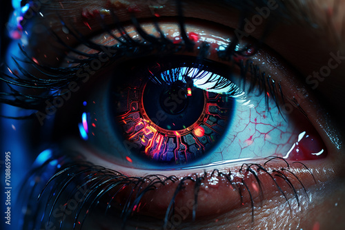 A digitally enhanced close-up of an eye featuring neon glow effects, emphasizing the futuristic and cyberpunk aesthetic in a bold and vibrant style.