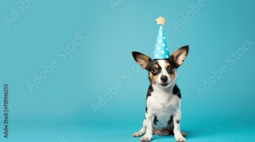 Funny dog with birthday party hat on blue background.