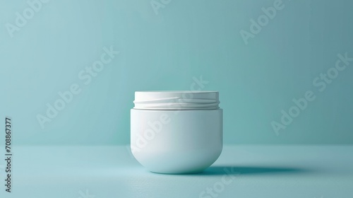 Front view, blank label, mockup concept, no text, no logo, natural daylight, photo of a A white Cosmetic jar with a simple white label on a soft blue