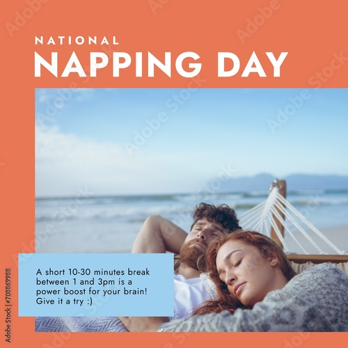 Composition of national napping day text over caucasian couple sleeping in hammock