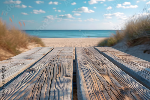 Wooden Boardwalk with Blurry Beach Background