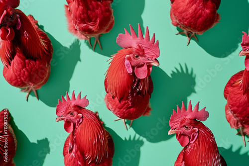 Cheerful red roosters on a mint green background creating a minimalist and rhythmic pattern