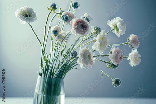 Dew-kissed flowers glisten with a frosty coating, displaying an array of anemones and ranunculus in a clear vase against a soft blue backdrop