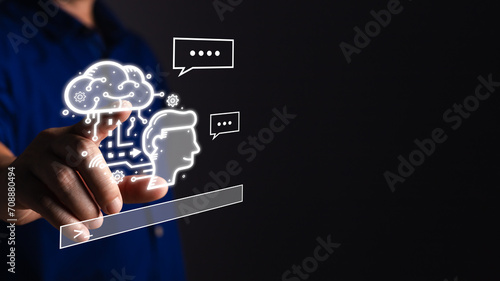 man holding command prompt ai chat. Big data storage computer tech.Digital Artificial Intelligence (AI) technology disruption concept. We are implementing storage technology support in the business.