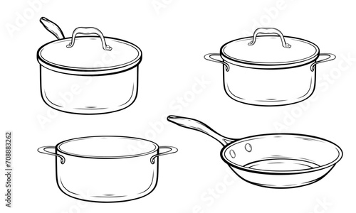 Set of cooking saucepans pots frying pan vector hand drawn illustration