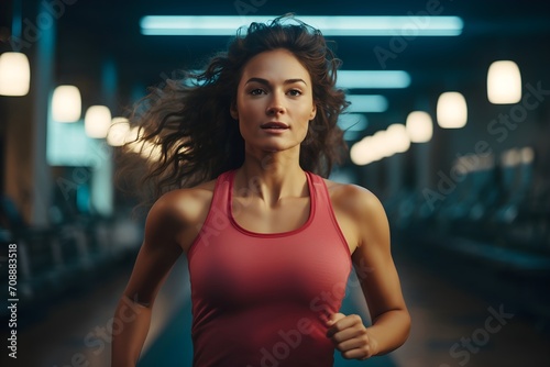 Woman running, blurred gym background