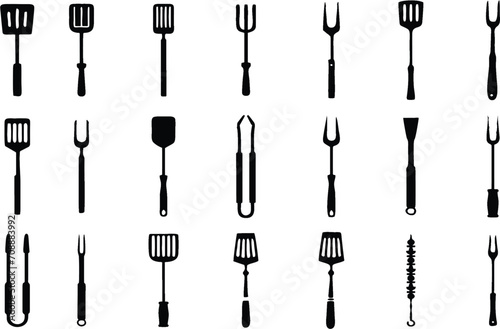 Barbecue fork and spatula flat icons on white background. Barbecue tongs and fork in editable vector, easy to change color or size. eps 10.