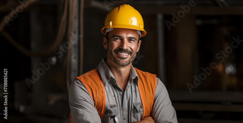 worker in factory, happy contractor wearing a construction hard hat