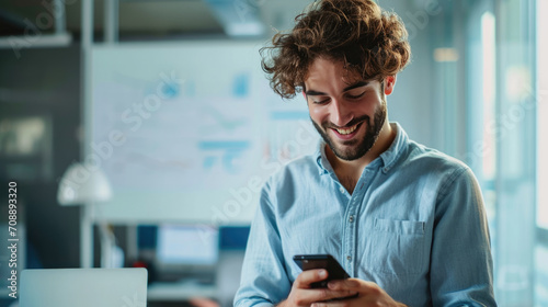 Happy man using a smartphone during his work in the office