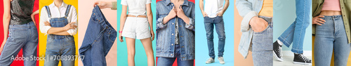 Set of young people in stylish jeans clothes on color background
