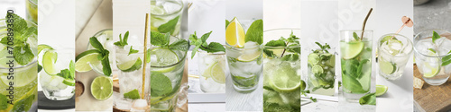 Collage of glasses with refreshing mojito on light background