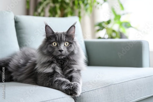 A beautiful grey fluffy Nebelung cat sitting on the sofa in a modern, minimalistic living room